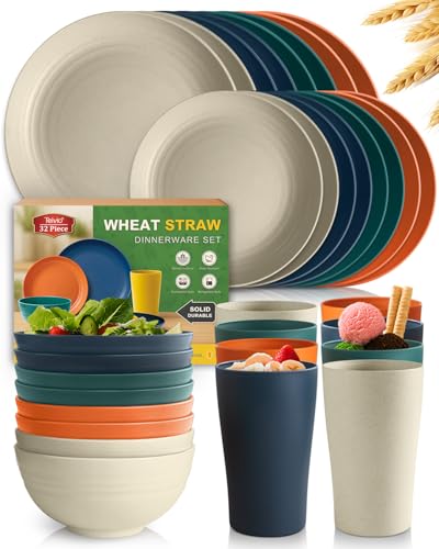 Teivio 32-Piece Kitchen Plastic Wheat Straw Dinnerware Set, Service for 8, Dinner Plates, Dessert Plate, Cereal Bowls, Cups for Everyday Dining, Unbreakable Plastic Outdoor Camping Dishes, Colorful - color: Colorful