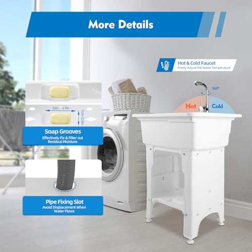 Freestanding Plastic Laundry Sink with Water Faucet, Indoor Outdoor Utility Sink with Washboard, Utility Sink Laundry Tub for Laundry Room/Garage/Garden (25.59x21.65x31.5 Inch) - color: White, 25.6 x 21.7 x 31.5in