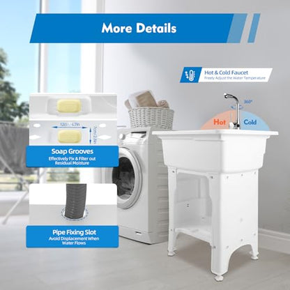 Freestanding Plastic Laundry Sink with Water Faucet, Indoor Outdoor Utility Sink with Washboard, Utility Sink Laundry Tub for Laundry Room/Garage/Garden (25.59x21.65x31.5 Inch) - color: White, 25.6 x 21.7 x 31.5in