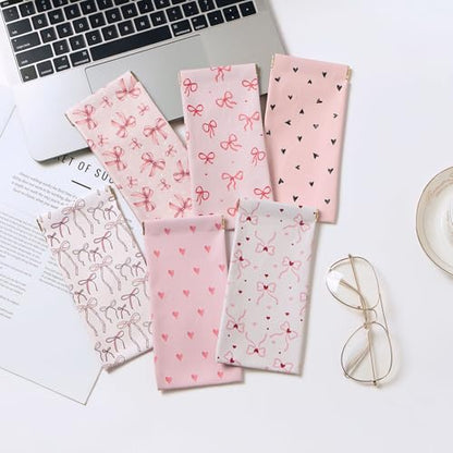 Glasses Case Soft, Eyeglass Cases for Women Portable Squeeze Top PU Leather 2 Pack Glasses Pouch with Cleaning Cloth - color: 2pcs Pink Heart Print