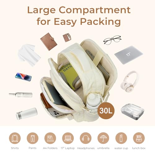 CLUCI Wrinkle-Resistant Laptop Backpack for Women, 17.3 Inch Anti Theft Travel Backpack, Puffer Quilted Work Backpack, Water Resistant College Bookbag with RFID - color: Wrinkle-resistant Fabric White