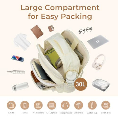CLUCI Wrinkle-Resistant Laptop Backpack for Women, 17.3 Inch Anti Theft Travel Backpack, Puffer Quilted Work Backpack, Water Resistant College Bookbag with RFID - color: Wrinkle-resistant Fabric White