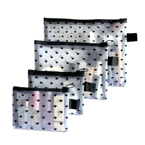 4-Piece Heart Printed Mesh Makeup Bag Set, Portable Travel Mesh Cosmetic Bags Toiletry Bags Makeup Purse Bags Mesh Zipper Storage Pouches for Home Offices Travel Accessories (White) - color: White, size: 4PCS
