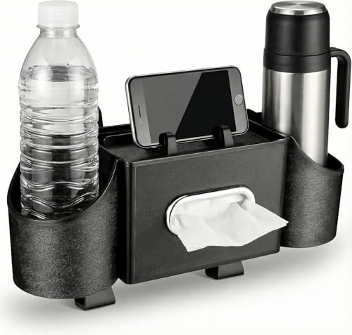 Ciieeo 4 in 1 Backseat Car Organizer with Cup Holder Tissue Box and Hooks Multifunctional Seat Back Storage Box for Road Trip Travel Accessories Universal Auto Headrest Holder - color: Black