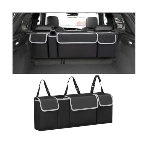 AUCELI Car Trunk Organizer, Backseat Hanging Large Storage with Adjustable Straps, Waterproof Collapsible Cargo Bag with 4 Pockets, Sturdy Space Saver Frees Trunk Floor for SUV, Truck, MPV - color: Black