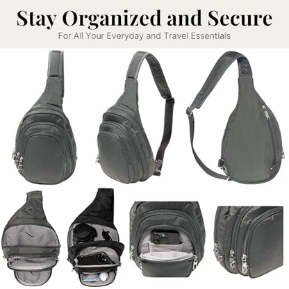 Baggallini Securtex® Anti-Theft Multi Zip Sling - Lightweight 8.6"x15.2" Travel Bag with Locking Zippers & RFID Protection - color: Charcoal