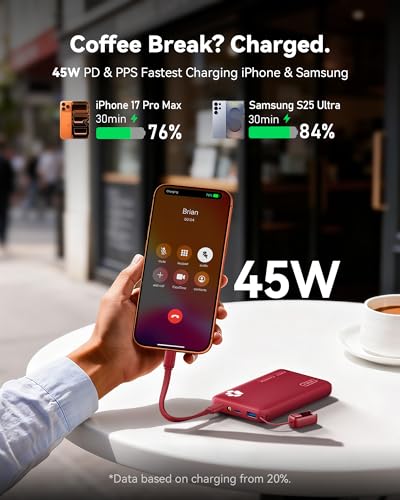 INIU 45W Fast Charging Portable Charger, 40% Smaller 10000mAh with Detachable Cable, Flight-Safe Travel Power Bank, USB C External Phone Battery Pack for Long Flight, Vacation, Cruise, Teens, Red - color: Red