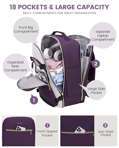 LOVEVOOK 50L Travel Backpack for Women & Men, Airline Approved Carry On Luggage with 3 Packing Cubes, TSA Overnight Bags, Waterproof Personal Item Bag, Weekender Essentials Backpacks fits 17" Laptop - color: Purple-beige-black, size: X-Large