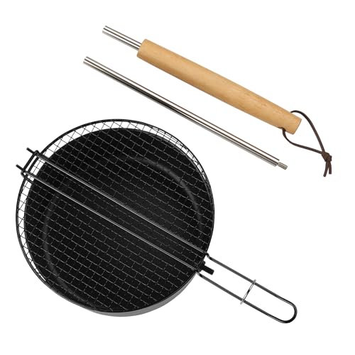 Portable outdoor camping pot, detachable long handle, popcorn pot, non-stick coating and mesh cover, portable and easy to store, black, stainless steel handle with wooden handle for heat resistance