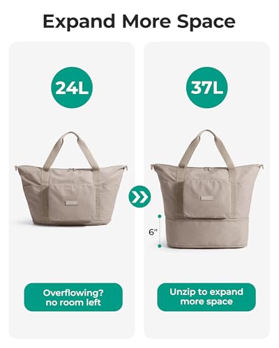 BAGSMART Foldable Travel Bag, 37L Expendable Personal Item Bag, Lightweight Weekender Bags for Women, Water Resistant Extra Carry on for Travel, Camel - color: Camel