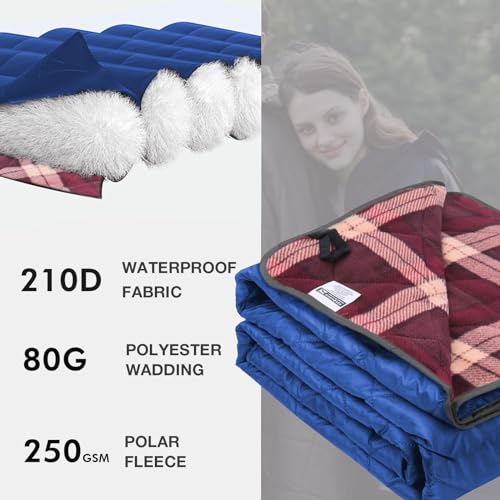 DUKUSEEK Hooded Outdoor Blanket, Waterproof Camping Blanket, Quilted, Thick Fleece, Warm, Windproof, Sand Proof, Portable and Wear-Resistant, Perfect for Stadium, Picnic, Camping - color: Dark Blue Outer With Blue Plaid Fleece
