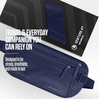VENTURE 4TH Money Belt for Travel – Slim Hidden Under-Clothes RFID Blocking Anti-Theft Passport Holder & Travel Wallet Pouch for Men & Women to Protect Cash, Cards & Documents (Sleek Navy Blue) - color: Sleek Navy Blue