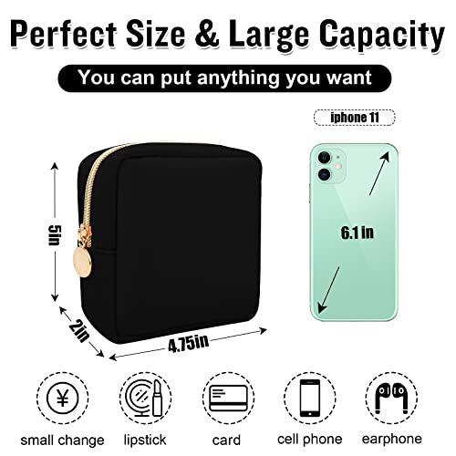 Nylon Mini Makeup Bag for Purse, Preppy Small Cute Black Makeup Bag Cosmetic Zipper Pouch Purse, Waterproof Travel Coin Pouch Sanitary Napkin Storage Bag Clutch Makeup Organizer for Women Girls(Black) - color: Black, size: Mini