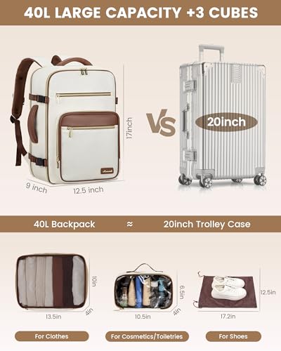 LOVEVOOK Travel Backpack For Women,40L Carry On Backpack Flight Approved,TSA Personal Item Travel Bag Fits 17 Inch Laptop,Business Weekender Overnight Daypack with Toiletry Bag and Cube,White brown - color: White With Brown, size: 17.3 Inch-40L-4Pcs