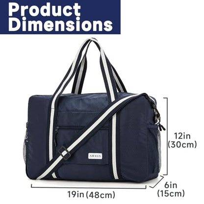 Arxus Foldable Tote Bag for Travel Expandable Lightweight Carry On Luggage 22L Packable Duffle Bag for Traveling - color: Navy Blue