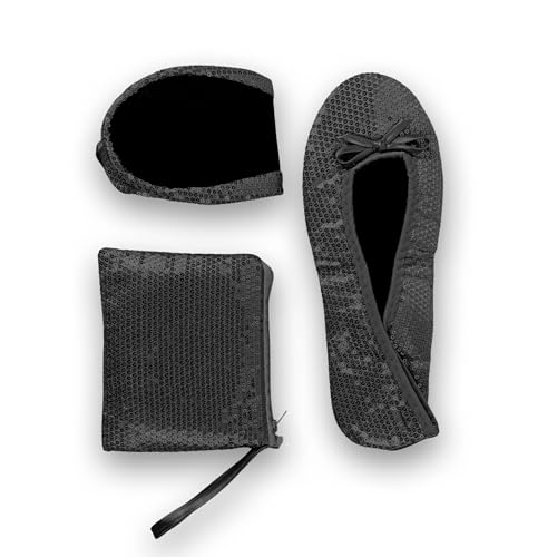 Stylish Foldable Ballet Flats for Women Portable Roll Up Travel Shoes for Wedding Bridesmaid Includes Carrying Pouch - color: Sequins Black, size: XX-Large