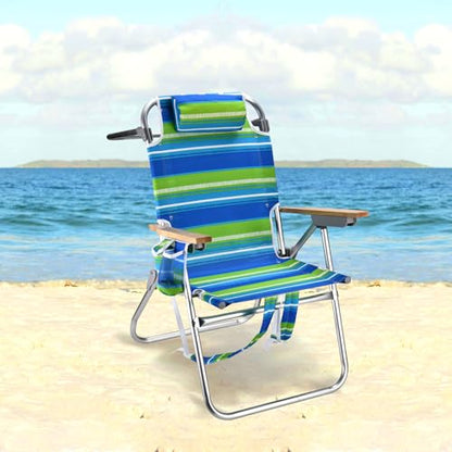 Backpack Beach Chairs for Adults Capacity 300 LBS high 5 Position Beach Chair with Pouch Straps Folding Lightweight Reclining Aluminum Wide Lay Flat Single - color: 17in Wood Light Green Stripes 1 Pack
