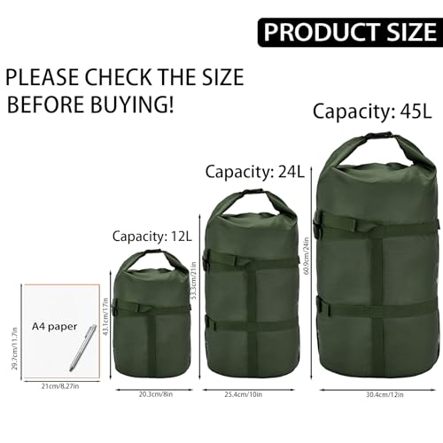 Compression Stuff Sack, 12L/24L/45L Sleeping Bag Cover Sack Sleeping Bags Storage Stuff Sack Organizer - Great Sleeping Bags Clothes Camping Hiking Backpacking - color: Green 24L-1 Pack