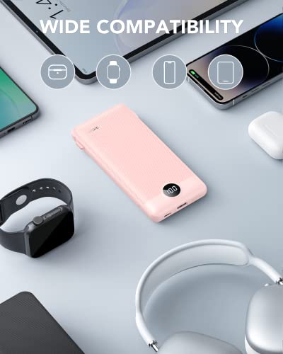 VRURC Portable Charger Built-in Cables and AC Wall Plug,USB C Power Bank 10000mAh, Travel Essentials Phone Charger Compact Lightweight External Battery Pack for Smart Phones, Tablets etc-Pink - color: Pink