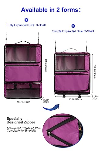 ELEZAY Hanging Packing Cubes Portable Closet 3-Shelf Travel Collapsible Compression Garment Organizer for Carry-on Luggage Suitcase Space Saver Bag XX-Large_No Side Pockets, Purple - color: Purple, size: XX-Large_16*12*24 IN