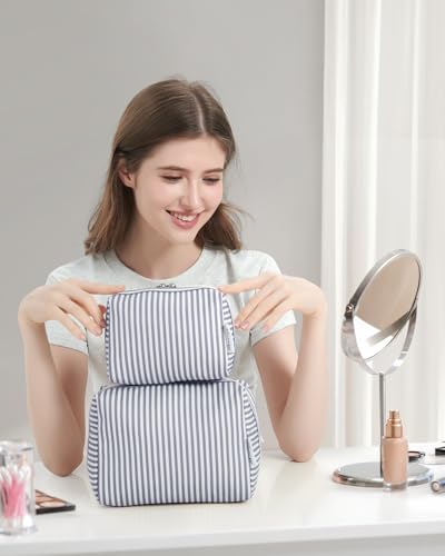 Narwey Striped Makeup Bag Travel Cosmetic Bag Organizer Toiletry Bag Make Up Bags with Compartments for Women Girls (Large, Greyish Blue Stripe) - color: A-Greyish Blue Stripe, style: Large