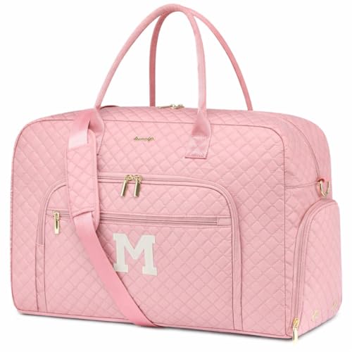 Letter Travel Duffle Bags for Women - Initial Personalized Weekender Bag with Shoe Compartment Carry On Overnight Bag with Toiletry Bag Duffel Bags Hospital Bags Birthday Gifts Pink (Letter M) - color: Z-Pink M