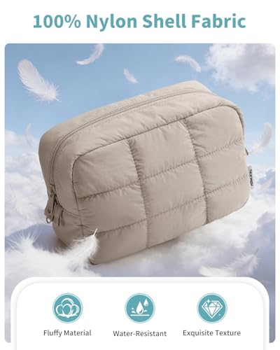 Narwey Quilted Makeup Bag for Women Girl, Puffer Travel Cosmetic Bag Puffy Make Up Bag Organizer, Cute Travel Toiletry Bag for Toiletries (Khaki) - color: Khaki