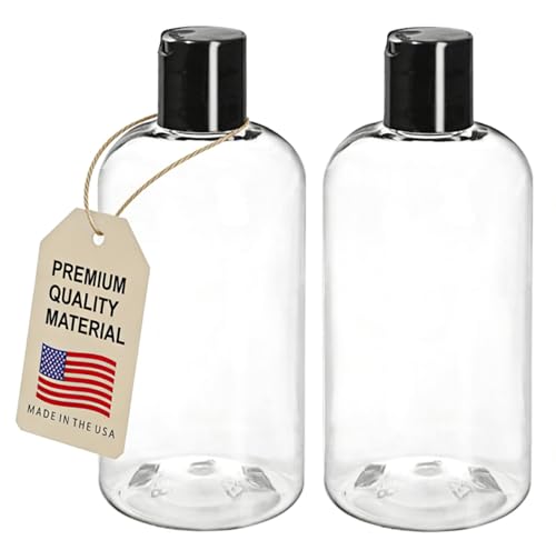ljdeals 8 oz Clear Plastic Empty Bottles with Black Disc Top Caps, Squeezable Refillable Containers for Shampoo, Lotions, Cream and More, Pack of 2, BPA Free, Made in USA