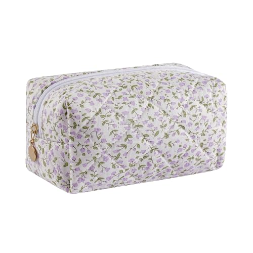 Gleyemor Small Quilted Makeup Bag for Women, Cute Floral Bow Cosmetic Bag, Emergency Bag Travel Toiletry Cotton Pouch Gifts for Girls Her Mom Friend Sister Bridesmaid (Purple Small Flower) - color: Purple Small Flower