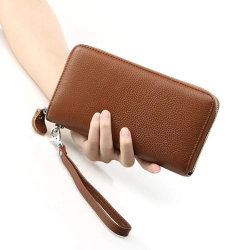 Moflycom Womens Wallet RFID Blocking Genuine Leather Zip Around Wallet Clutch Wristlet Travel Long Purse for Women - color: Brown