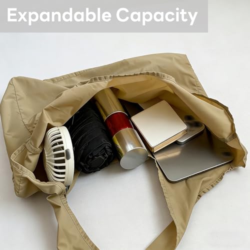 Foldable & Reusable Mini Handbag with Key Ring - Expandable Tote for Daily Errands and Travel - color: Khaki