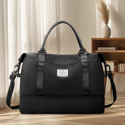 Travel Duffel Bag with Shoes Compartment, Overnight Weekender Bags for Women,Carry on Personal Item Bag - color: A-Black, size: Large