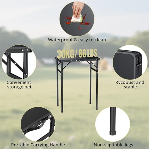 Anbte 2ft Folding Camping Table Max 29.5", 3 Adjustable Height Aluminum Small Folding Table with Storage Net & Portable Handle, Lightweight, for Travel Outdoor Beach Picnic Camp, 23.2" x 16", Black - size: 24"L x 16"W x 29.5H"
