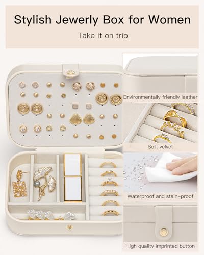 VLANDO Travel Jewelry Case for Women Girls, Gifts for Mother, PU Leather Small Jewelry Box for Rings, Necklaces, Bracelets, Earring Holder Organizer Storage for Travel Essentials - Beige - color: A.Beige