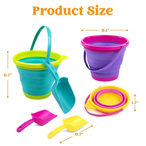 JOYIN Foldable Beach Bucket Set - 3 Packs Collapsible Toy Buckets with Shovels and Mesh Backpack for Kids Toddlers Party, Camping Gear, Travelling, Fishing Water Pail (Pink/Purple/Green) - color: Pink/Purple/Green