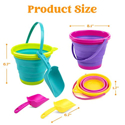 JOYIN Foldable Beach Bucket Set - 3 Packs Collapsible Toy Buckets with Shovels and Mesh Backpack for Kids Toddlers Party, Camping Gear, Travelling, Fishing Water Pail (Pink/Purple/Green) - color: Pink/Purple/Green