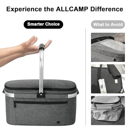 ALLCAMP Picnic Basket - 2 Ice Box Included 32L Insulated Cooler, Thickening Foldable Picnic Basket with Removable Baskets & Sewn-in Frame, Basket for House Warming Gifts New Home(Smoke Gray) - color: Smoke Gray, size: Large