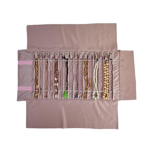 Portable Jewelry Roll Untangled Secure Necklace Travel Storage Bag Displays Holder 16 Chain (Embroidery Pink Velvet) - color: Embroidery Pink Velvet