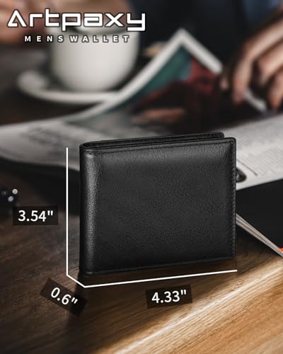 Artpaxy Mens Wallet Genuine Leather Bifold RFID Blocking Wallet for Men with 1 ID Window 13 Card Holders 2 cash pockets 1 Gift Box - color: Black