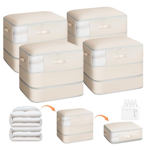 Homsorout 4 Pack Compression Storage Bags - 110L Large Capacity Comforter Storage Bag, 3-Layer Washable Ultra Space Saving Self Compression Organizer Space Bags for Blankets, Sweaters, Sheets, Beige - color: Beige, size: 110L-4 Pack
