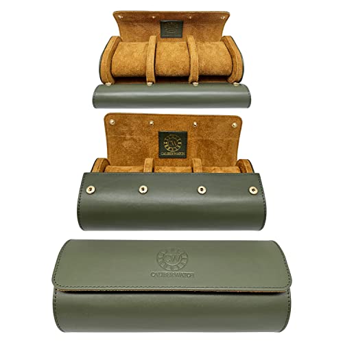 Genuine Napa Leather Watch Roll Travel Case for 3 Watches - Travel Watch Rolls and Leather Watch Display Cases with Velvet Interior - Watch Storage Organizer Men's - color: Olive Green