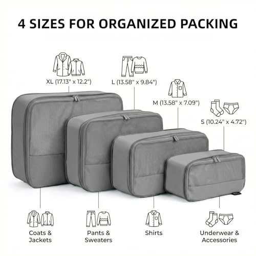 4 Piece Compression Packing Cubes for 3–7 Day Travel, Space Saving Travel Organizers with Breathable Mesh, Double-Zipper Packing Cubes for Carry-On & Suitcases (Silver) - color: Silver
