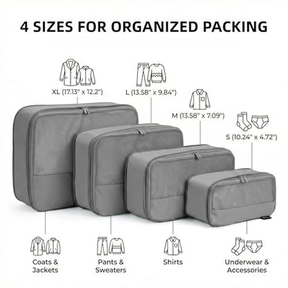 4 Piece Compression Packing Cubes for 3–7 Day Travel, Space Saving Travel Organizers with Breathable Mesh, Double-Zipper Packing Cubes for Carry-On & Suitcases (Silver) - color: Silver