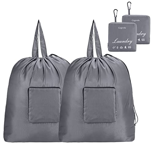 GOGOODA Smell Proof Travel Laundry Bags for Dirty Clothes, 2 Pack Large Foldable Laundry Bag with Carabiner & Handle, Heavy Duty Luggage Organizer for Gym, Sports, Camping - 21 x 24 in, Grey - color: Grey