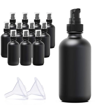 12Pack 120ml Matte Black Glass Pump Bottle with Black Pump Dispenser,4oz Small Dispenser, Travel Size Refillable Botttles for Lotions,Sercums,Essential Oils - color: 4oz Black(12pcs)