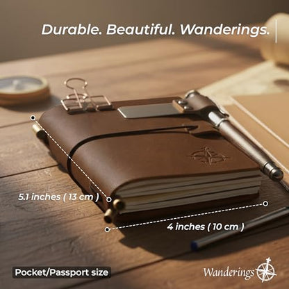 WANDERINGS Pocket Size Travelers Notebook Bundle – 4" x 5.1" (10 x 13cm) – Genuine Leather Journal with Pen Holder, Pen, 2 Ink Refills, PVC Folder & Binder Clip - size: Pocket