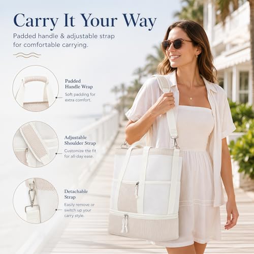 Bluboon Mesh Beach Tote Bag with Cooler Compartment Insulated Detachable Picnic Bag with Zipper and Pocket Pool Bag for Women - color: Sand White Vertical Stripe