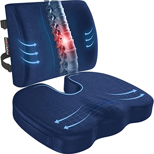 FORTEM Seat Cushion, Office Chair Cushion, Lumbar Support Pillow for Office Chair, Memory Foam Car Seat Cushions, Sciatica Coccyx Tailbone Pain Relief, Cushions for Back Support, Washable, Non Slip - color: Blue Velour, size: Large