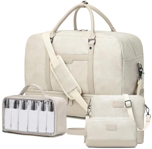 Wogarl Weekender Bag for Women Men Large Overnight Bag Travel Duffel Bag with Shoe Compartment Toiletry Satchel Bag Carry On Bag Fit 21" Laptop - color: White