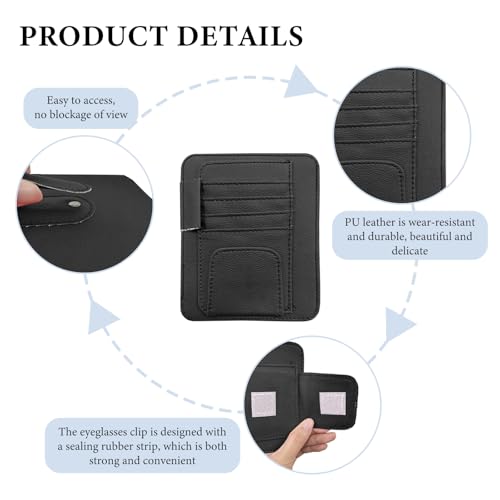 Small Leather Car Sun Visor Organizer, Auto Visor Pouch Card Sleeve Pocket with Sunglasses Clip, Multifunctional Sunvisor Wallet Holder for Driving License Pen Tickets (Black)